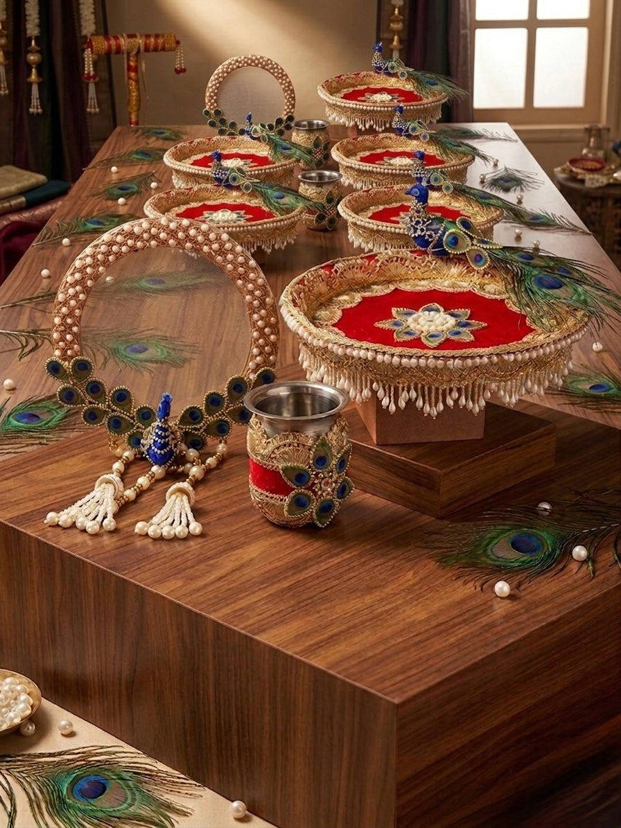 Peacock Pearl Designer Karwa Chauth Thali Set (Set of3)