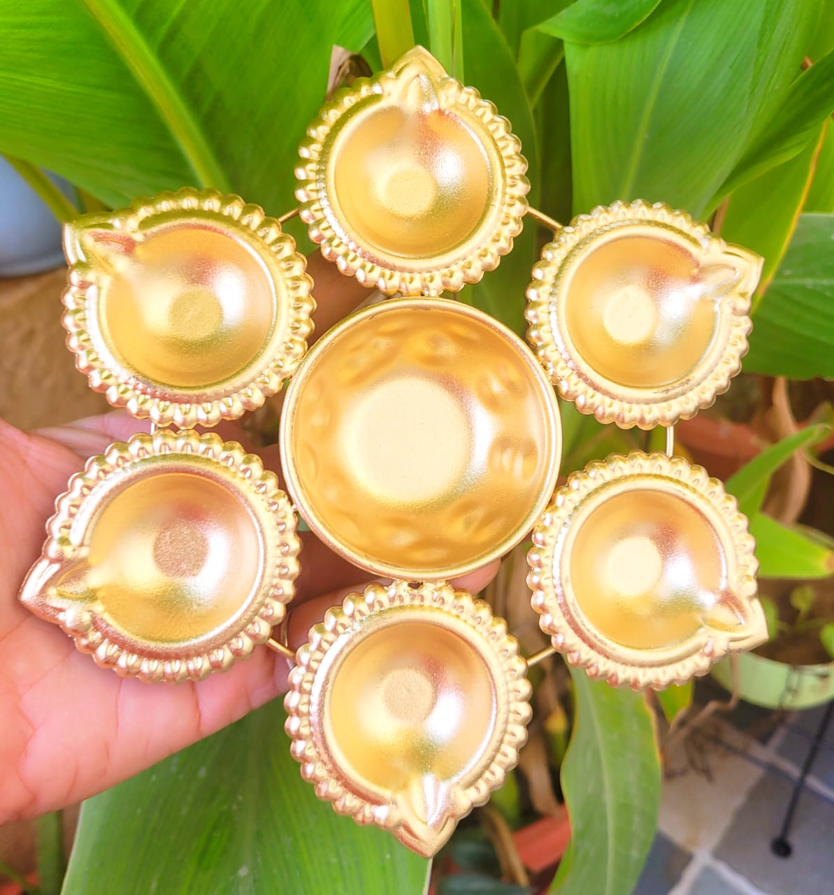 Decorative Diya Tray - Golden Metal Diya Holder for Diwali