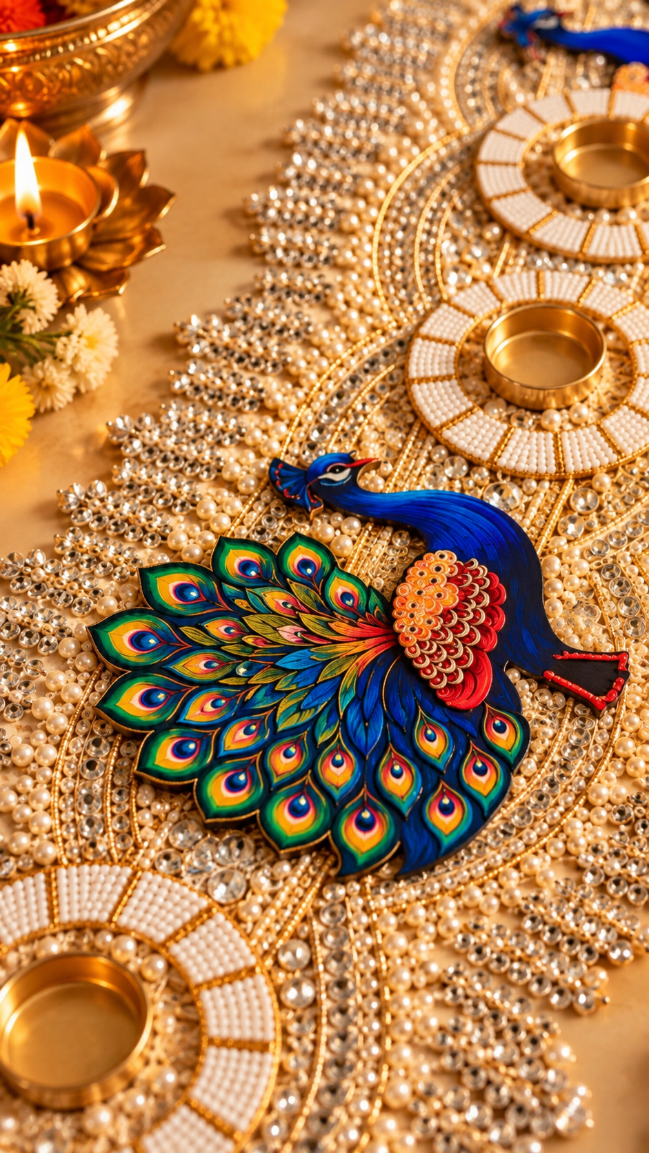 Handcrafted Peacock Diya Table Runner – Festive Diwali Decor