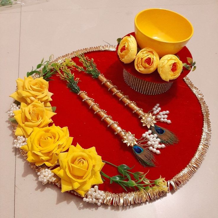 Beautiful 10-Inch Haldi Platter with Floral Details and Peacock Feathers