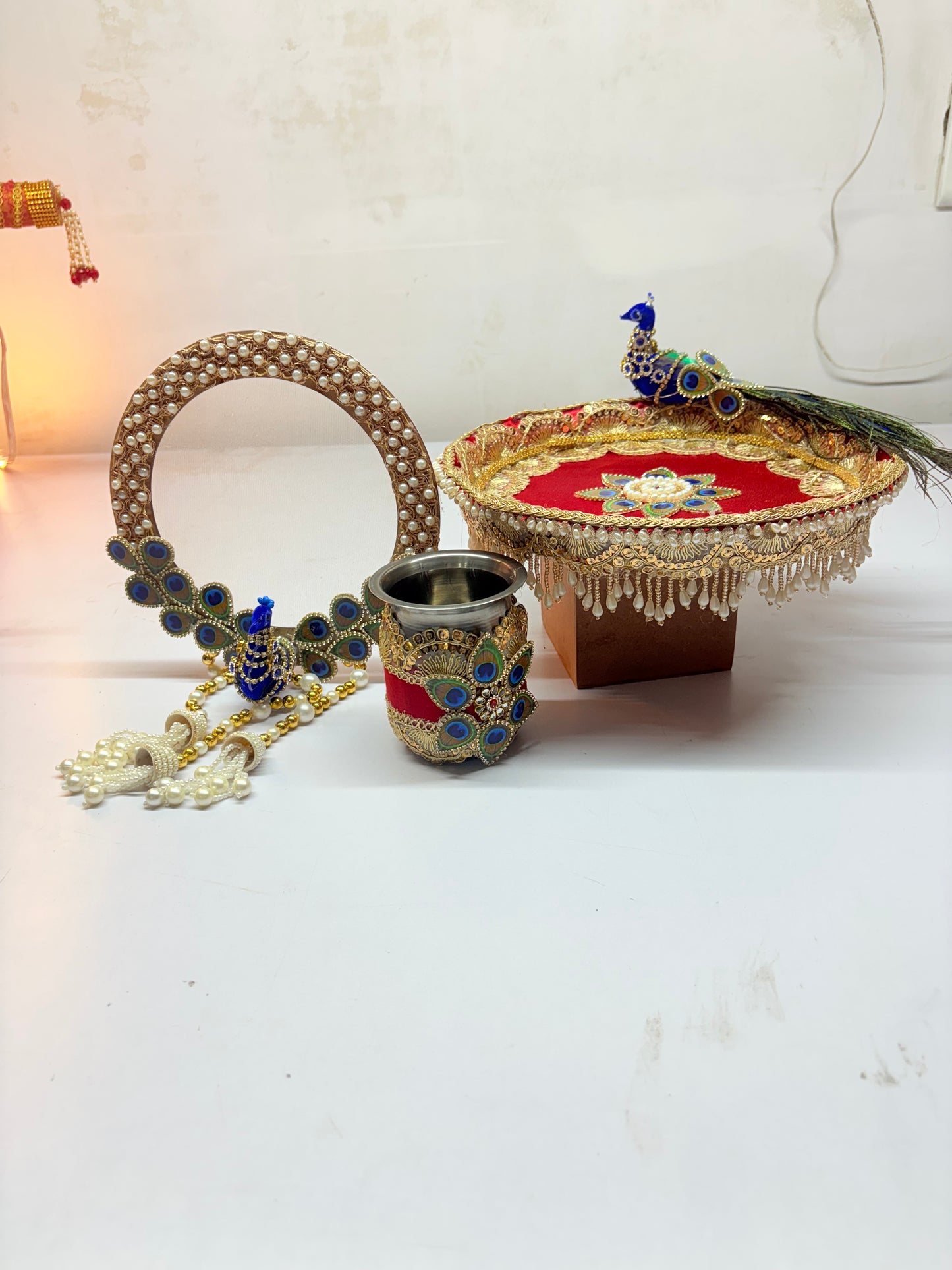 Peacock Pearl Designer Karwa Chauth Thali Set (Set of3)