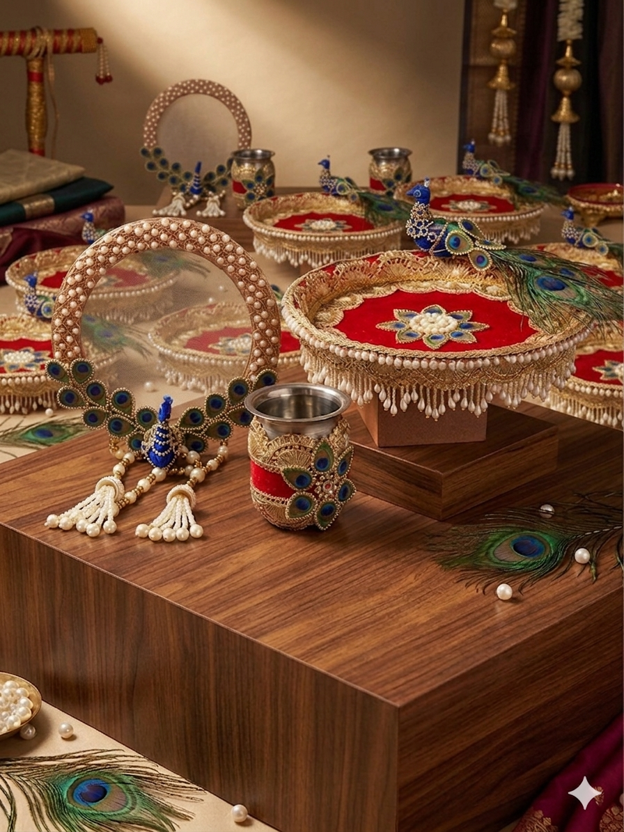 Peacock Pearl Designer Karwa Chauth Thali Set (Set of3)