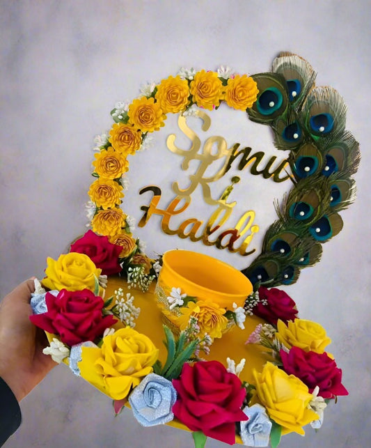 Customized Haldi Platter with Floral Details and Peacock Feathers for Indian Weddings