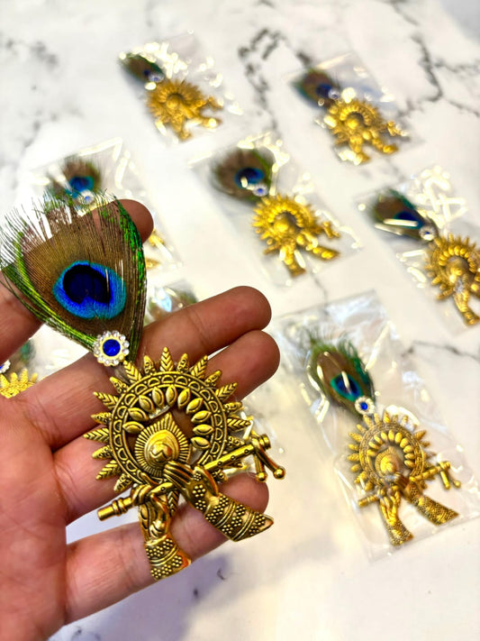 Metal Designer Bansuri Brooches with Mor Pankh – Welcome Gifts for Baraatis and Guests