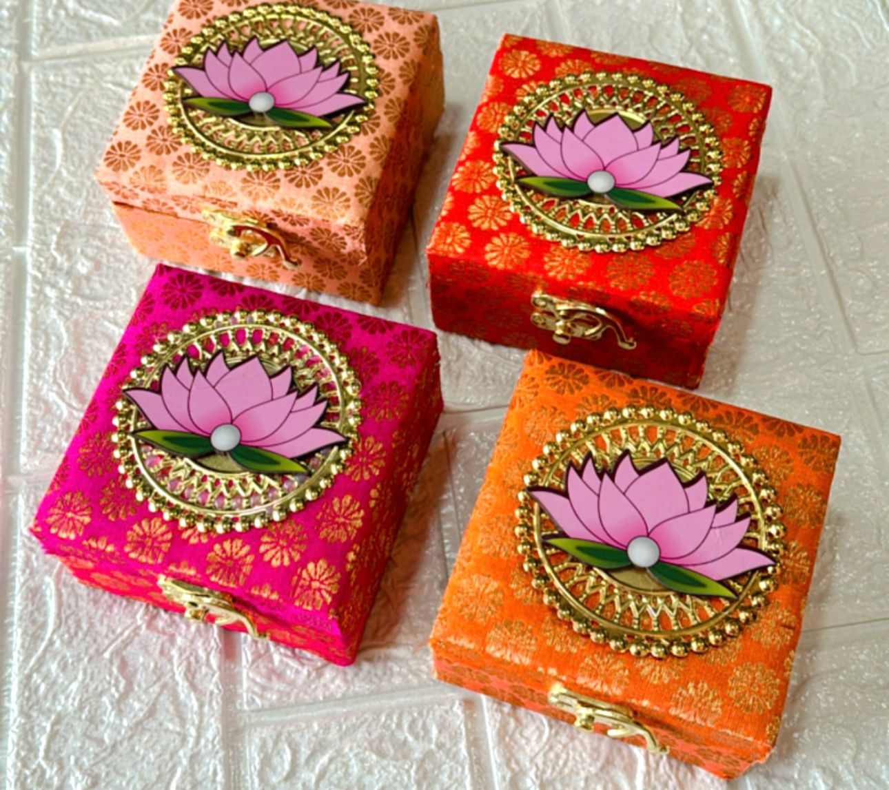 Elegant Brocade MDF Box with Lotus Cutout and Metal Lotus Diya | Wedding Return Gifts, Pooja Favors, Baby Shower Gifts