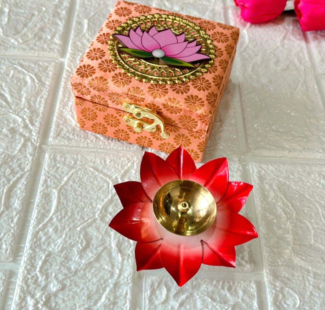 Elegant Brocade MDF Box with Lotus Cutout and Metal Lotus Diya | Wedding Return Gifts, Pooja Favors, Baby Shower Gifts