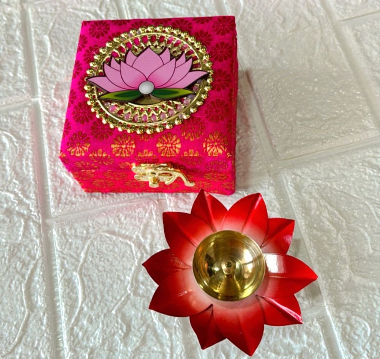 Elegant Brocade MDF Box with Lotus Cutout and Metal Lotus Diya | Wedding Return Gifts, Pooja Favors, Baby Shower Gifts