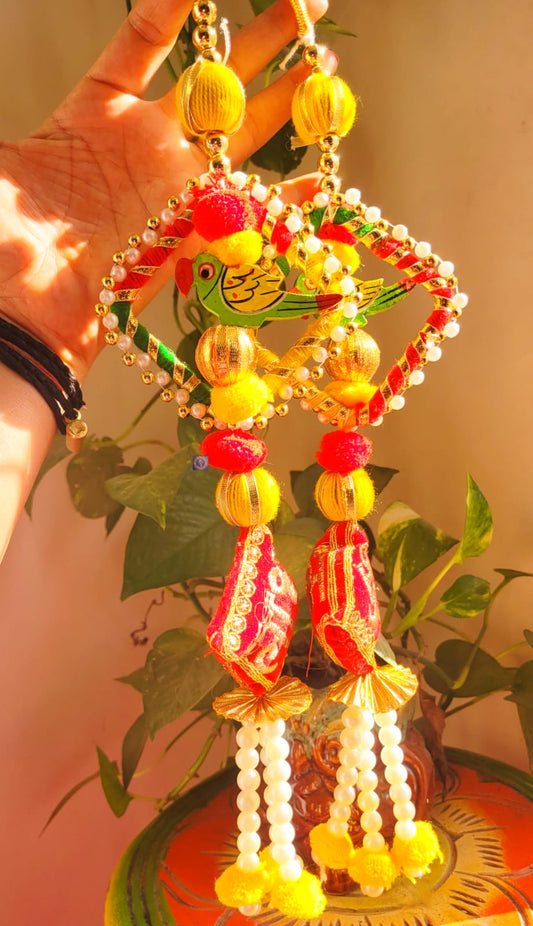 Shubh Labh Pair With Parrot  Pearl Hanging