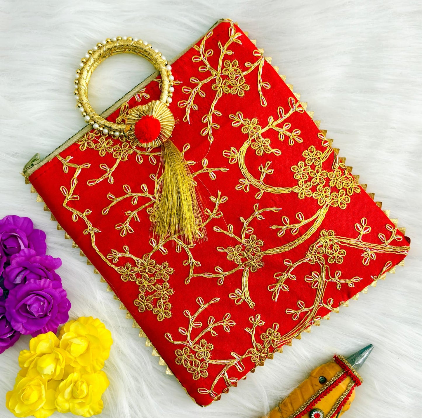 Stunning Pink Embroidered Bag with Pearl-Adorned Bangle Handle