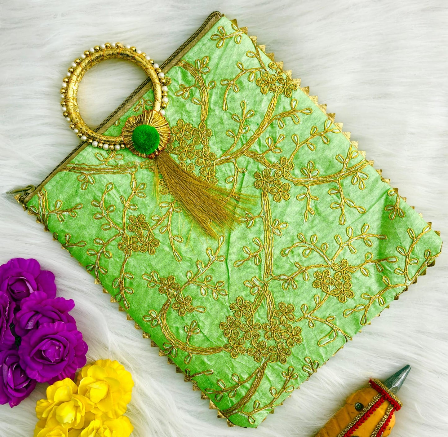 Stunning Pink Embroidered Bag with Pearl-Adorned Bangle Handle