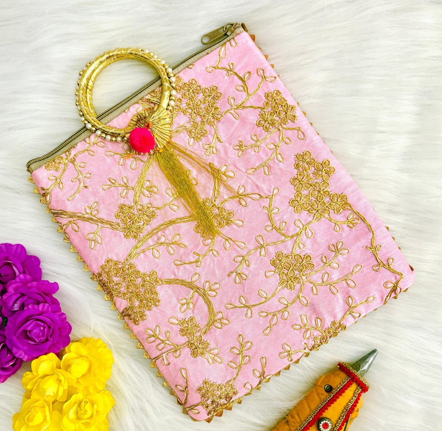 Stunning Pink Embroidered Bag with Pearl-Adorned Bangle Handle