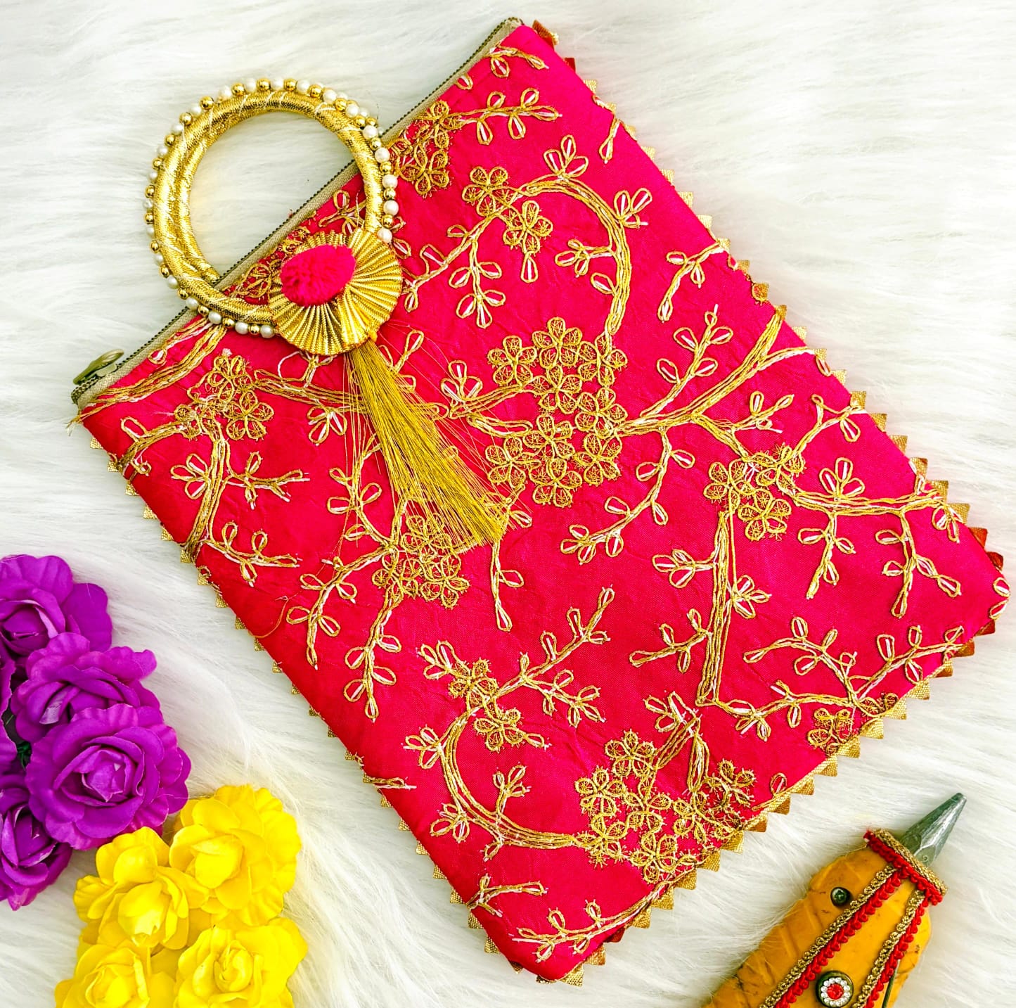 Stunning Pink Embroidered Bag with Pearl-Adorned Bangle Handle