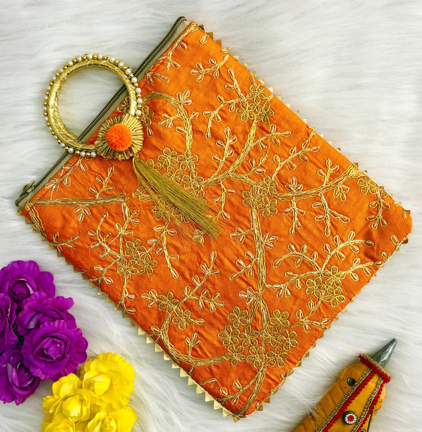 Stunning Pink Embroidered Bag with Pearl-Adorned Bangle Handle