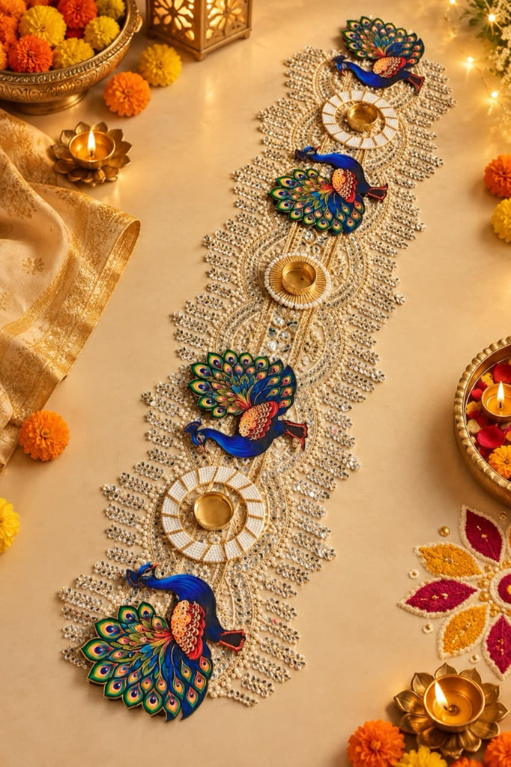 Handcrafted Peacock Diya Table Runner – Festive Diwali Decor
