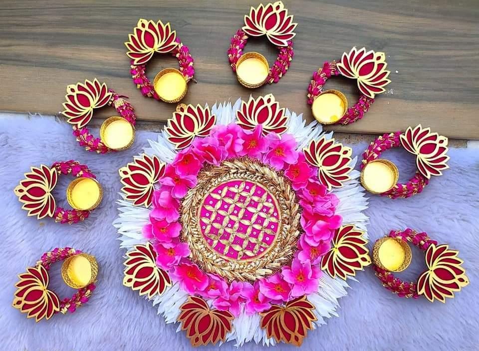 Beautiful Lotus TLight Rangoli 9Pcs Diya Set with Big Gotta Patti Center Piece: Exquisite Diwali Gift & Home Decor - Handcrafted for Elegance & Warmth - Perfect for Festive Season