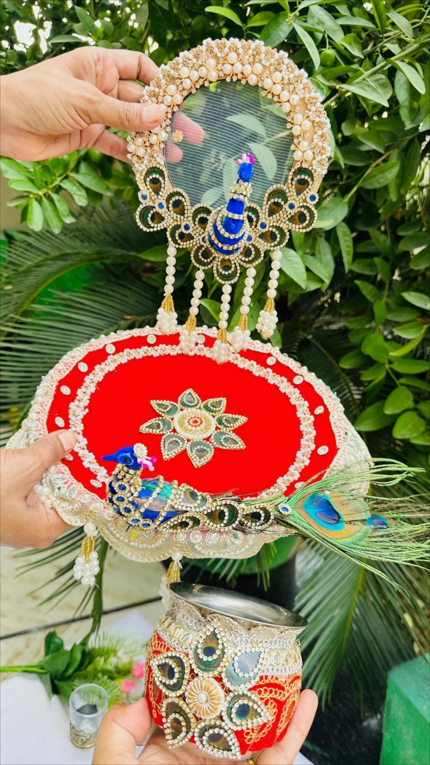 Peacock Design Karwachauth Thali Set with Chalni and Lota | Decorated Pooja Thali Combo for Karwa Chauth Vrat Pooja Essentials
