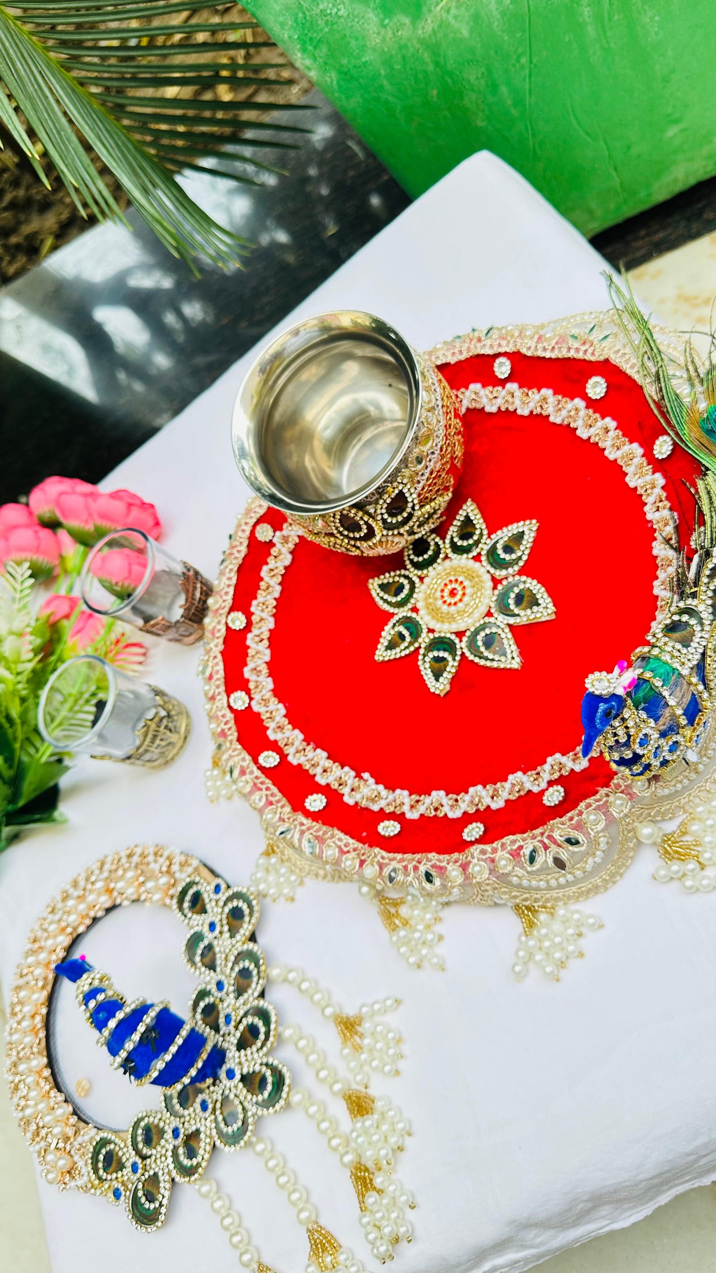 Peacock Design Karwachauth Thali Set with Chalni and Lota | Decorated Pooja Thali Combo for Karwa Chauth Vrat Pooja Essentials