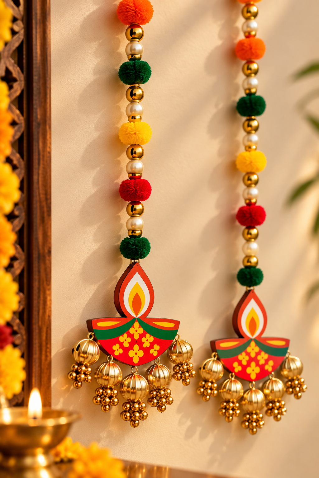 Decorative Diya Hanging Pair for Diwali | Traditional Indian Festive Wall Hanging & Door Decor Pair