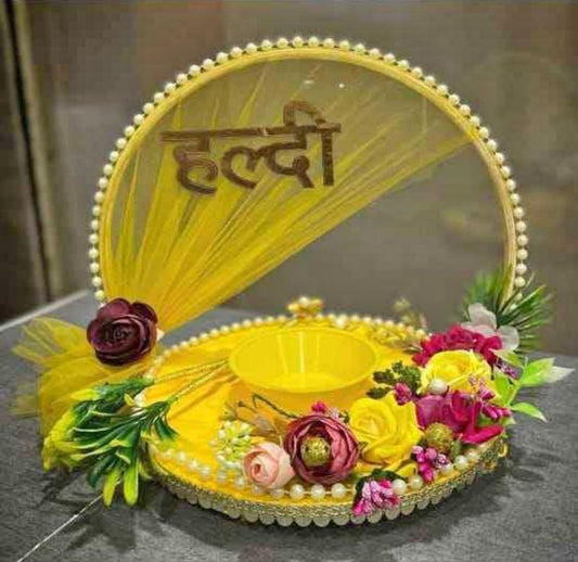 Yellow Haldi Platter with Beautiful Haldi Tag in Hindi