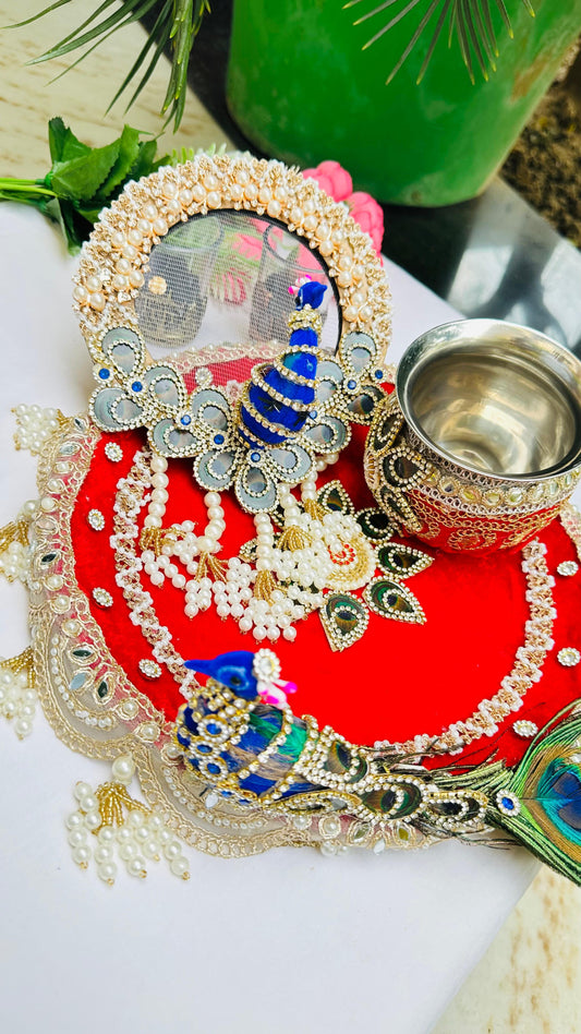 Peacock Design Karwachauth Thali Set with Chalni and Lota | Decorated Pooja Thali Combo for Karwa Chauth Vrat Pooja Essentials